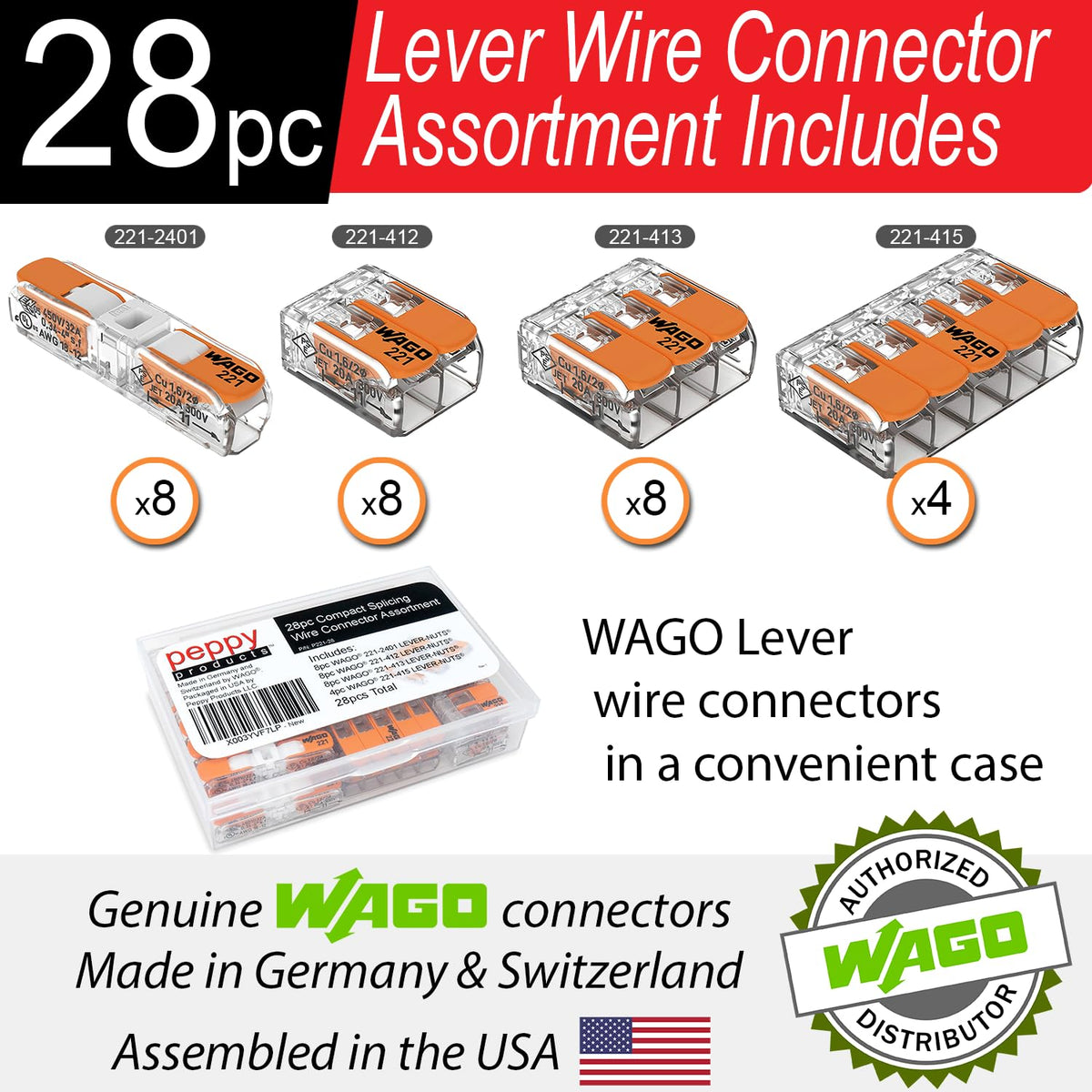 Peppy Products WAGO 221-2401 inline two-conductor lever nuts for quick splices