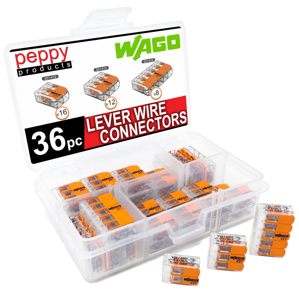 Peppy Products WAGO 221-412 two-conductor lever-nuts in use for fast splicing.