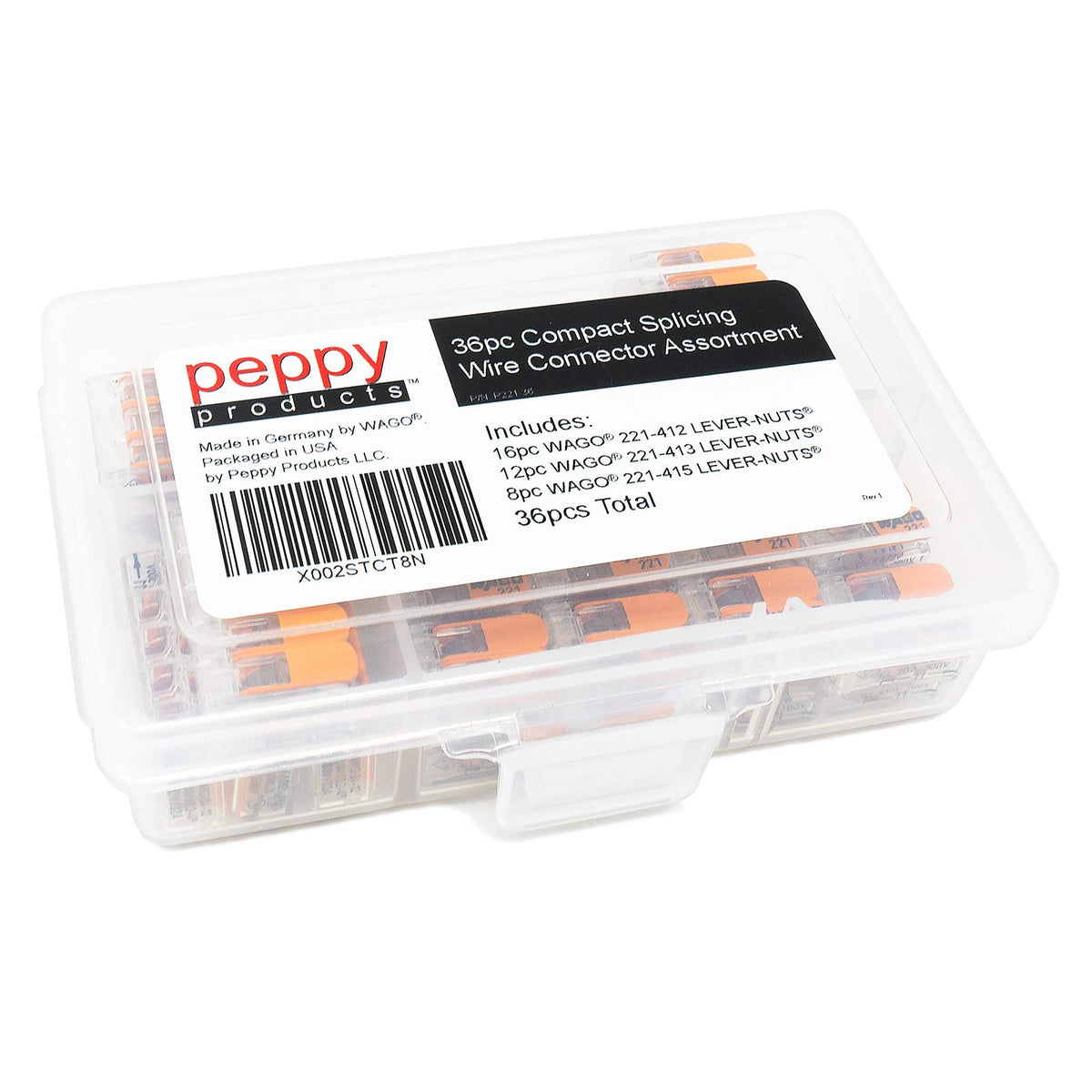 Peppy Products WAGO 221-413 three-conductor lever-nuts for tidy wiring.