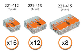 Peppy Products WAGO 221-415 five-conductor lever-nuts powering multi-wire connections.