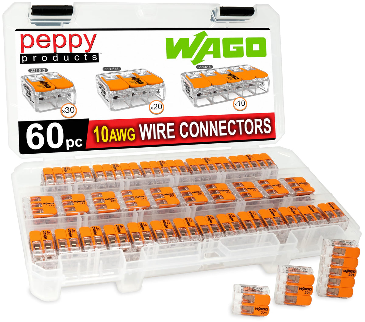 Peppy Products WAGO 221-612 two-conductor lever nut for quick, reliable splices.