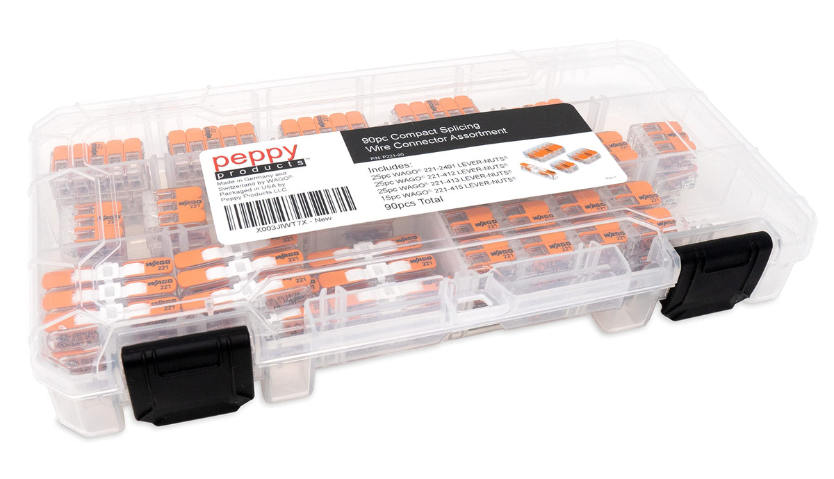 Peppy Products WAGO lever-nuts transparent housing enables quick strip-length inspection.