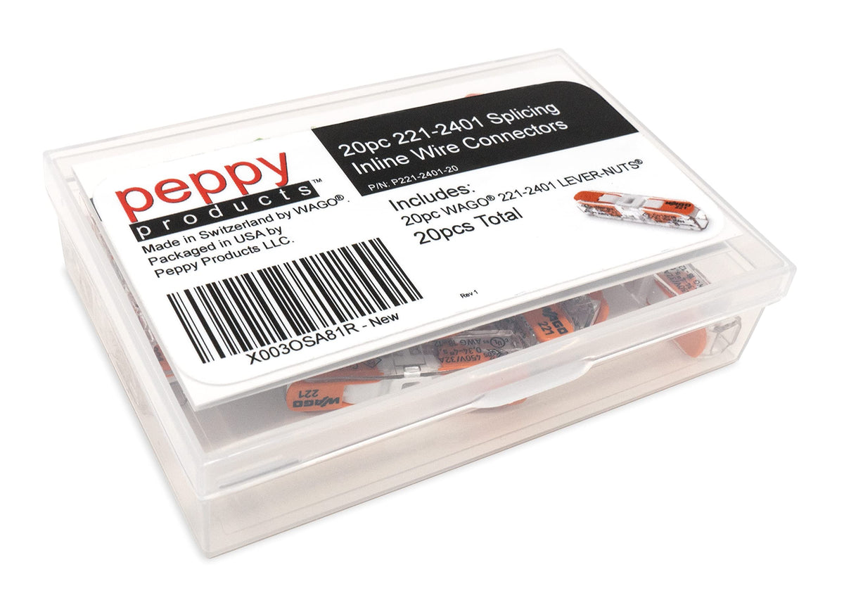 Peppy WAGO 221-2401 inline connector closeup shows transparent housing for proper wire seating.
