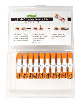 Peppy WAGO 221-2401 transparent housing enables quick inspection of strip length and insertion depth.