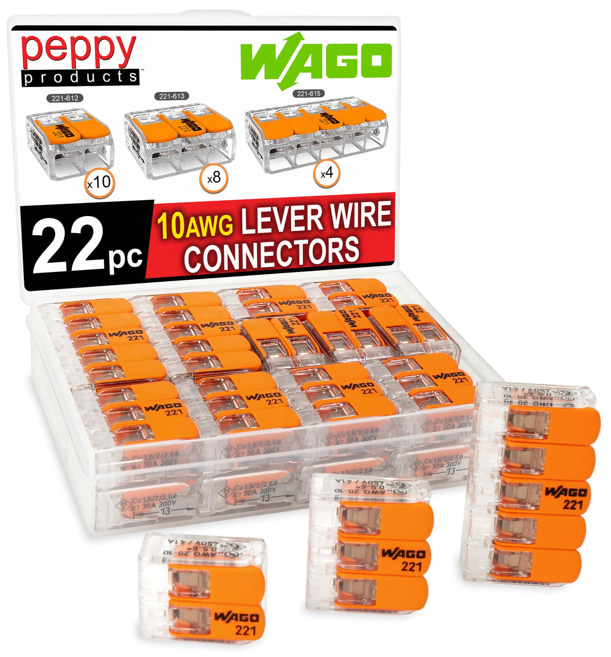 Peppy Products WAGO 221-612 2-conductor lever nut for quick wire joining.