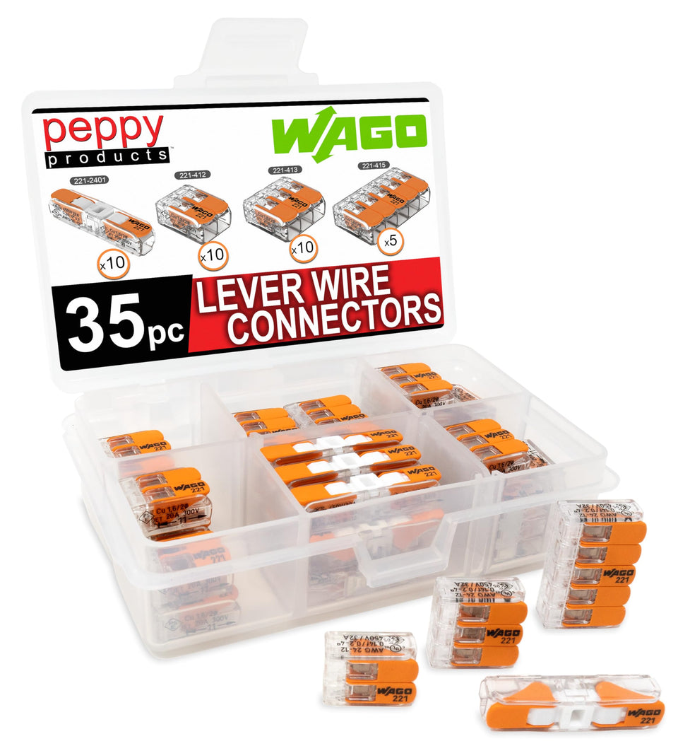 Peppy WAGO 221 lever nuts in case with inline 2-conductor view for quick wiring