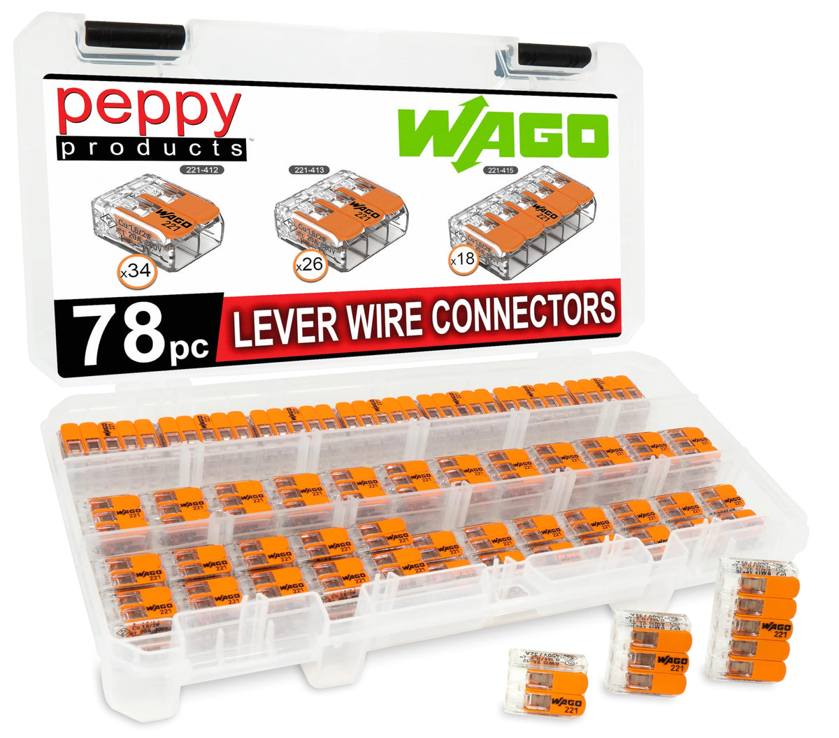 Peppy WAGO 221 lever-nuts case enables compact wire organization.