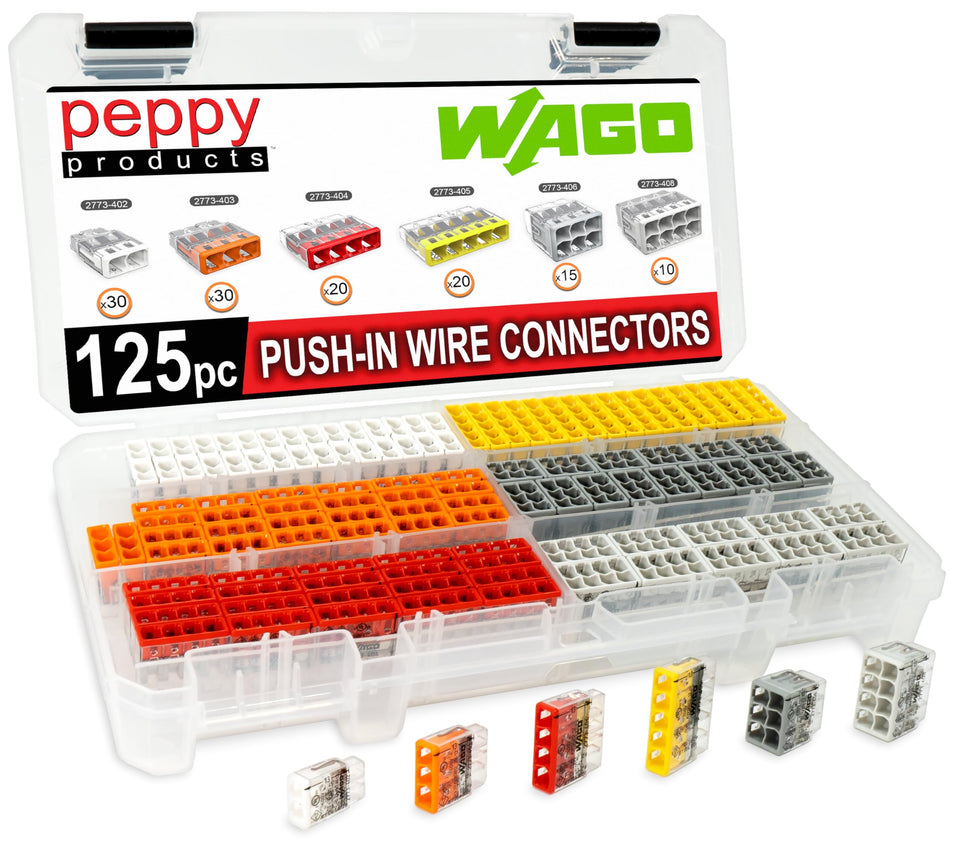 Peppy WAGO 2773-402 two-conductor wall nuts facilitate fast, tool-free splicing.