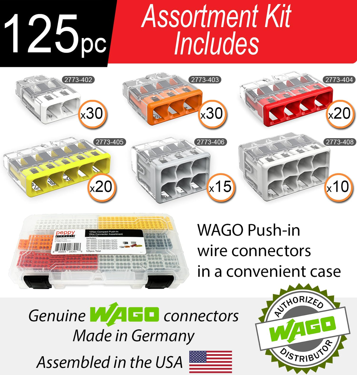 Peppy WAGO 2773-403 three-conductor wall nuts enable secure terminations.