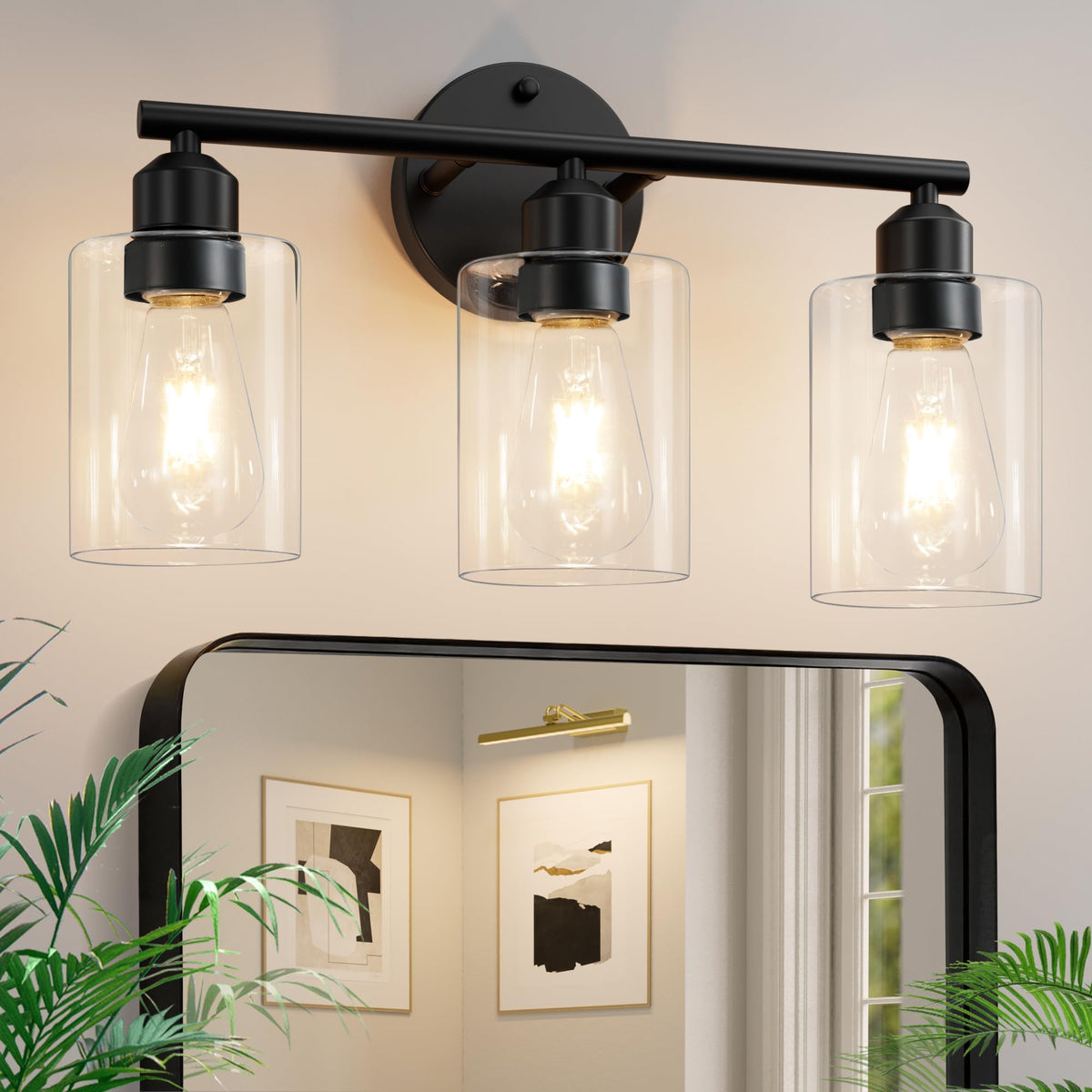 Percantis 3-light bathroom fixture with glass shades for even mirror lighting.