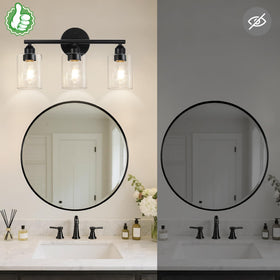 Percantis black modern vanity light with glass shade brightens bathrooms.