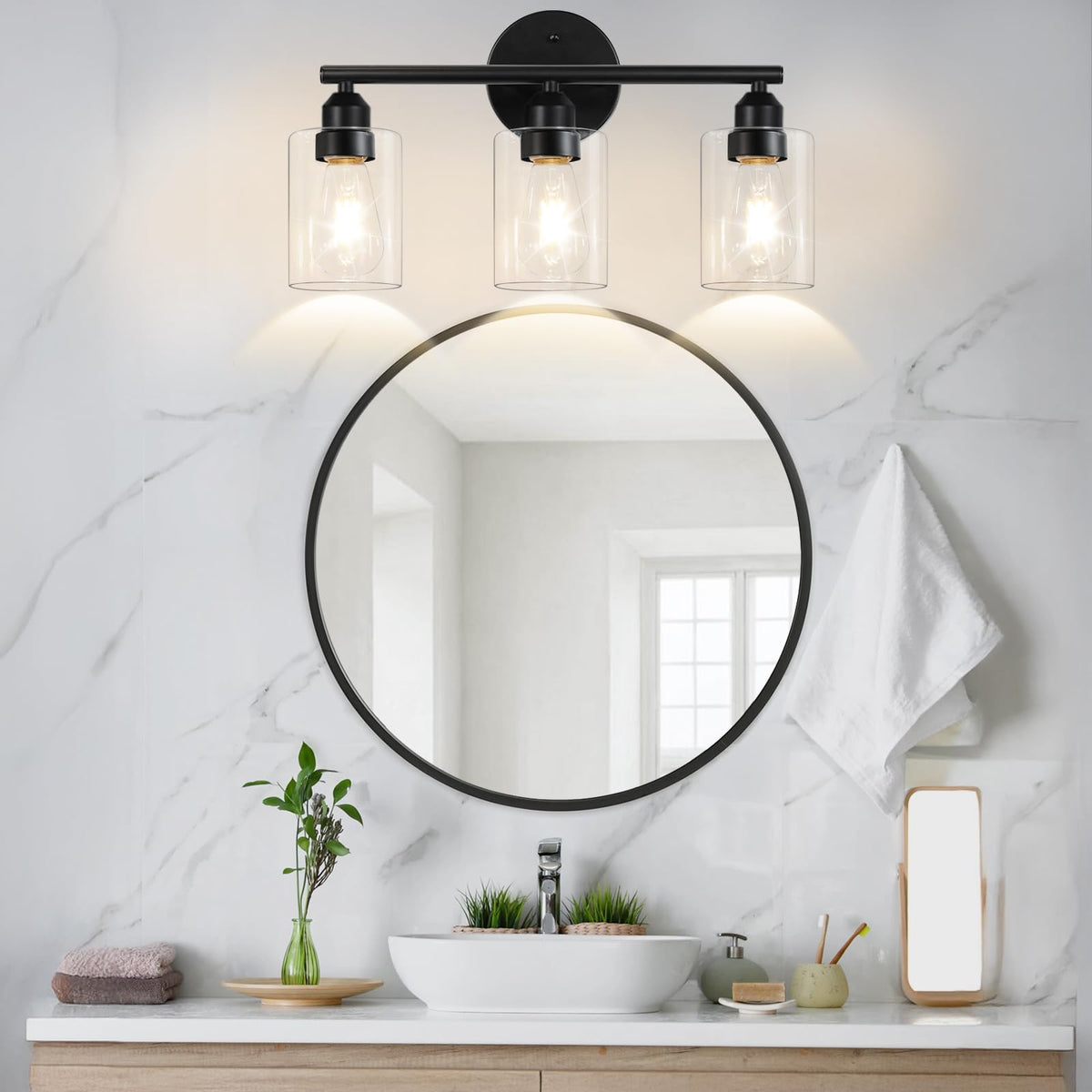 Percantis black finish modern vanity light enhances contemporary decor.