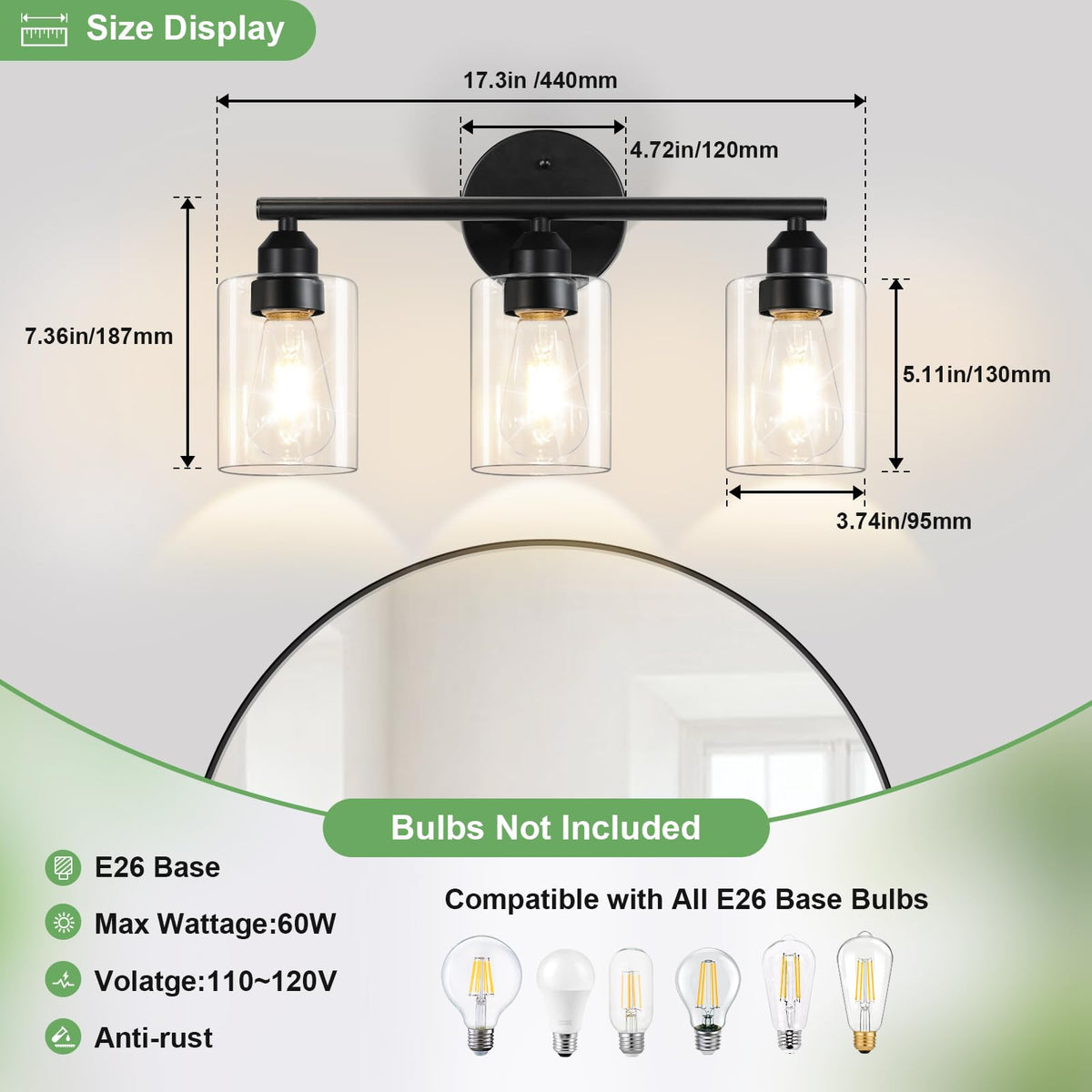 Percantis wall-mounted 3-light design illuminates mirrors evenly.