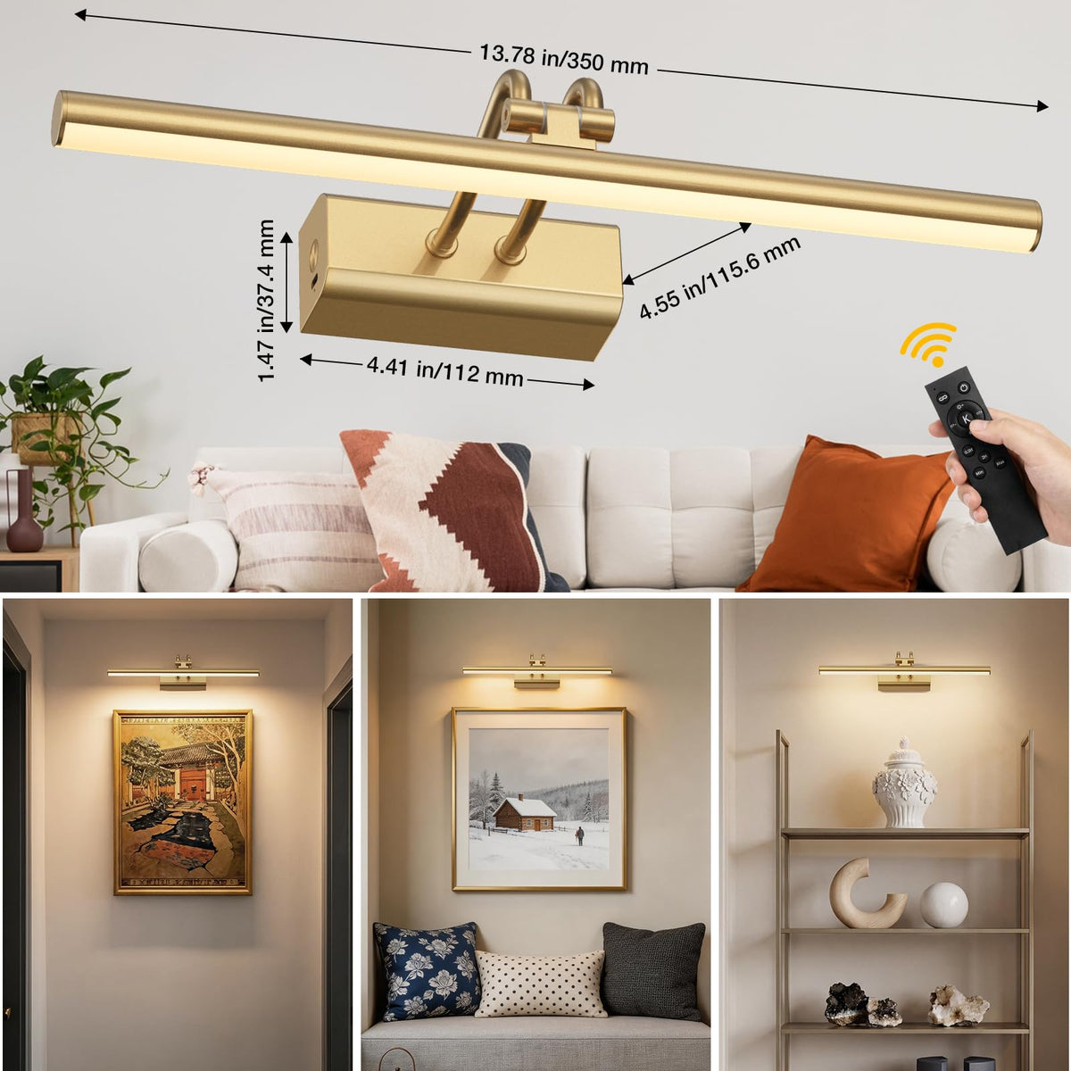 Percantis wall-mounted light illuminating a framed artwork in a living room