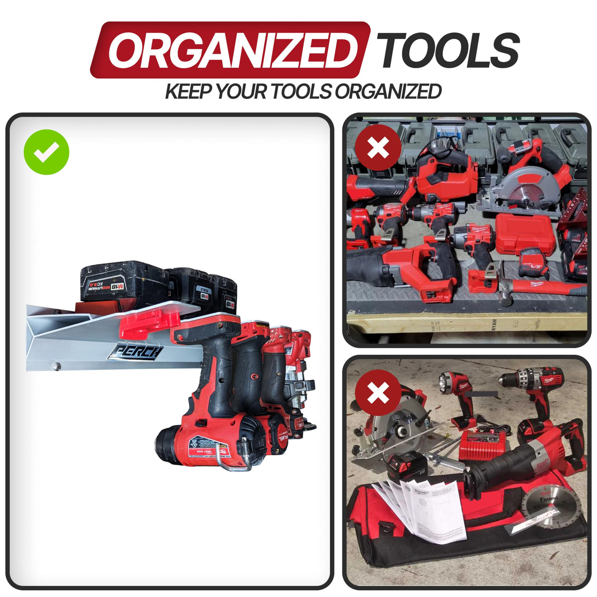 PERCH Milwaukee tool holder under shelf provides quick access and saves space.