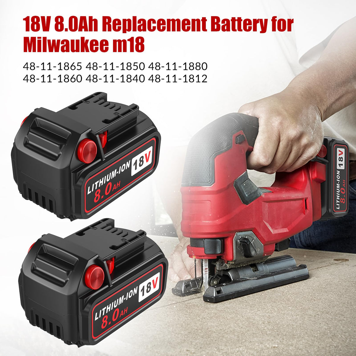 PercooAir 18V 8Ah battery pack side view shows high capacity for Milwaukee tools.