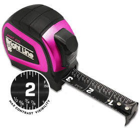 Perfect Measuring Tape pink BrightLine in dark mode with high-contrast readouts for low light