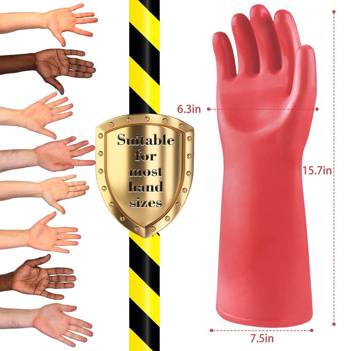 PerfectMart 15.8 inch length gloves fit most hand sizes.