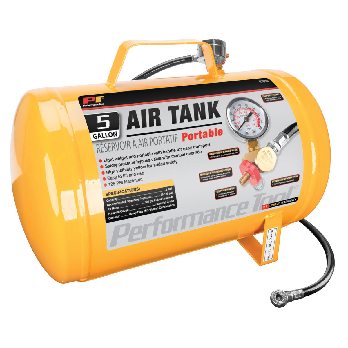 Performance Tool W10005 pressure gauge closeup showing PSI and MPa for quick checks.