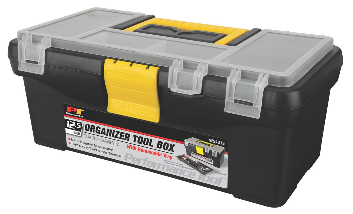 Performance Tool W54012 heavy-duty plastic organizer box with removable tray for quick tool access.