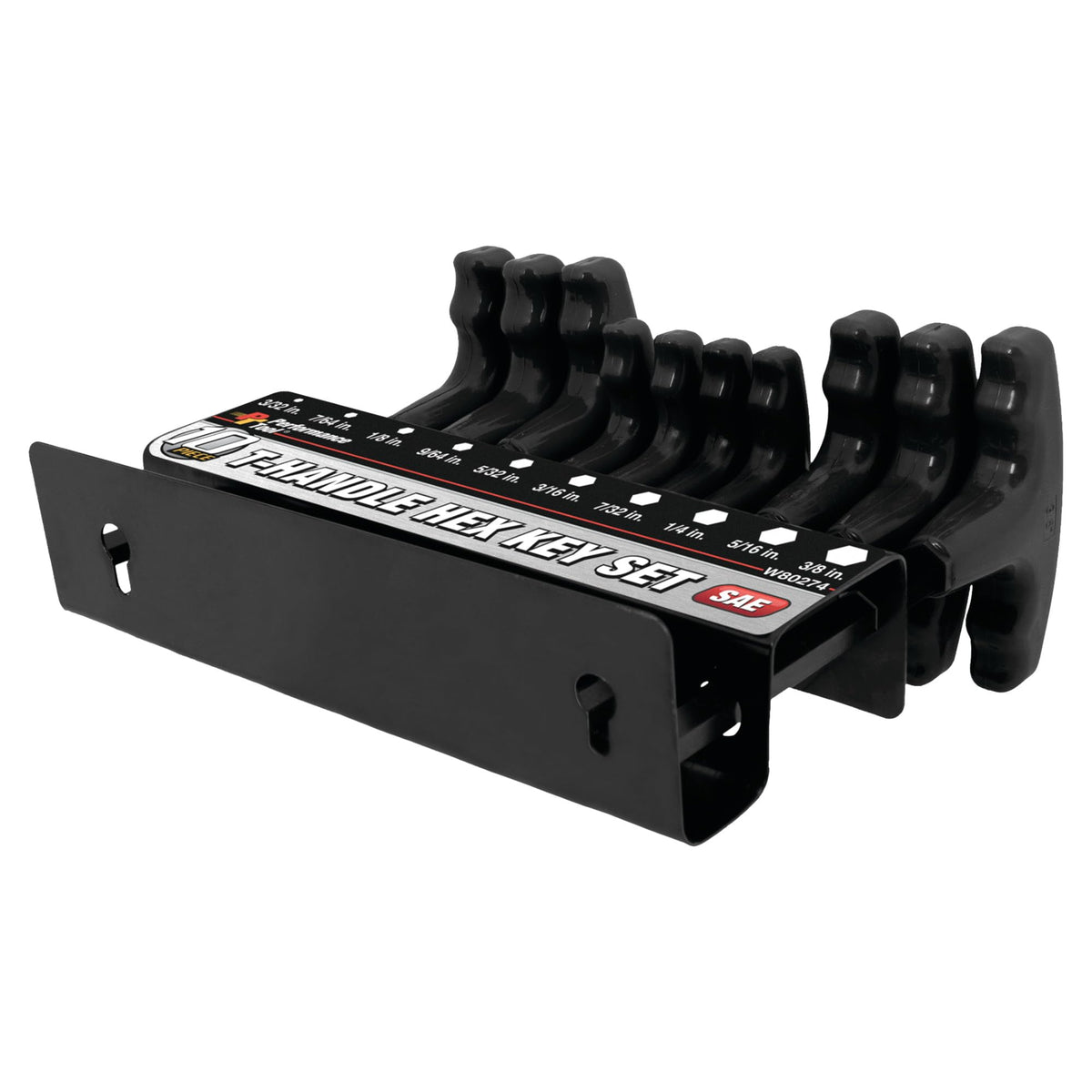 10-piece SAE T-handle set covers sizes from 3/32 in to 3/8 in