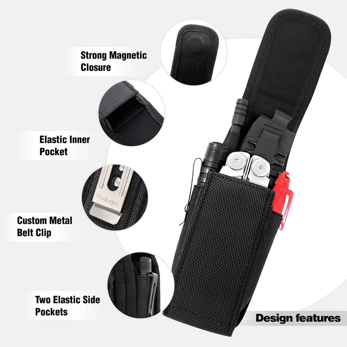 Perilogics interior pocket layout for bits, extender, flashlight, and pen.