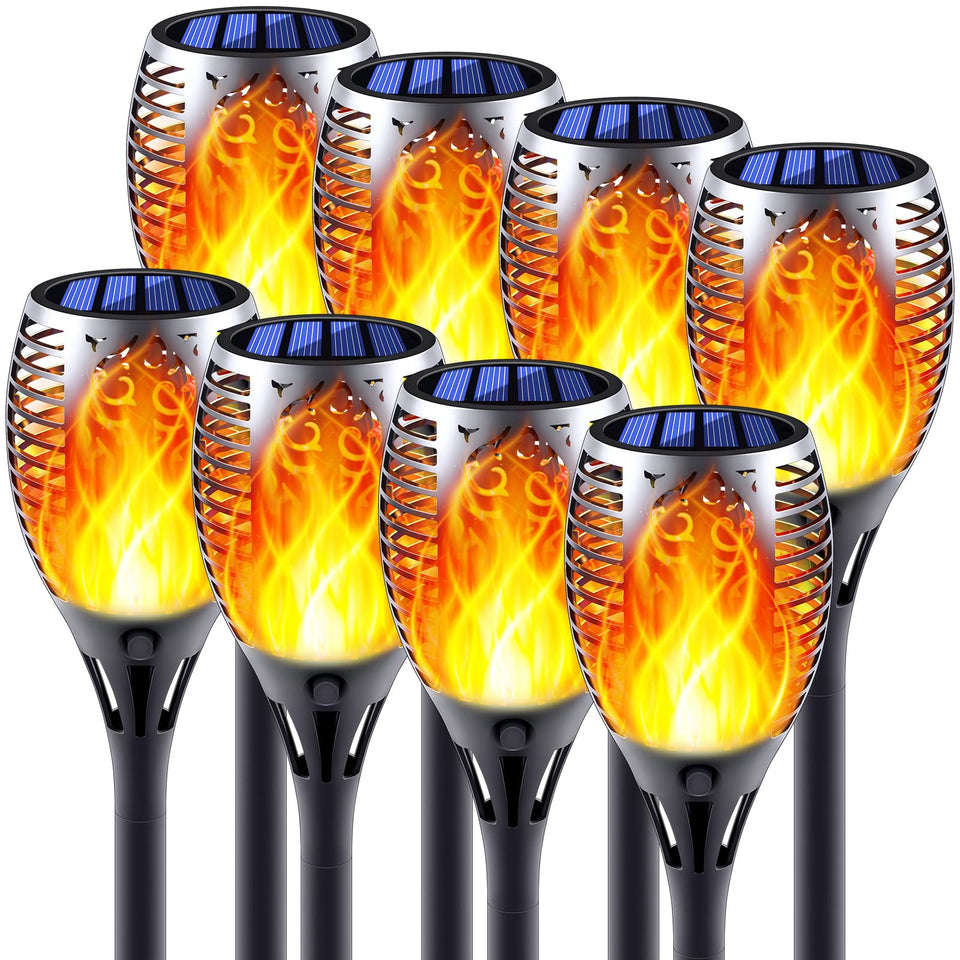 Permande solar torch lights with dancing flame provide a smokeless, warm ambiance for outdoor gatherings.