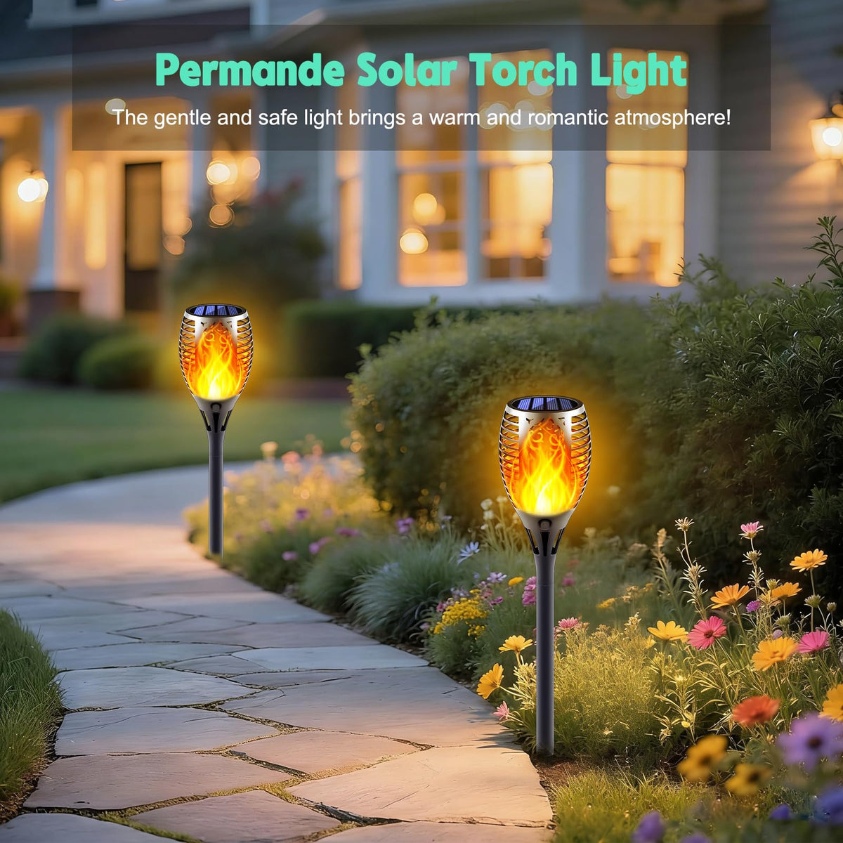 Permande garden-pathway torches illuminate walkways with a soft glow for nighttime navigation.