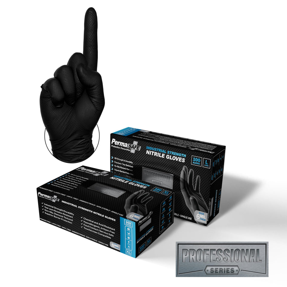 PermaSafe HD Black gloves with textured palm for secure grip.