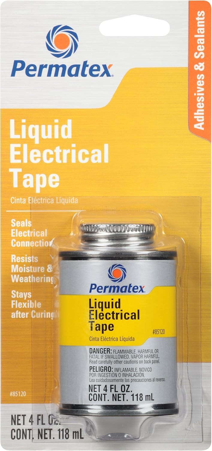 Permatex Liquid Electrical Tape 4 oz bottle applying a black waterproof coating to wiring connections.