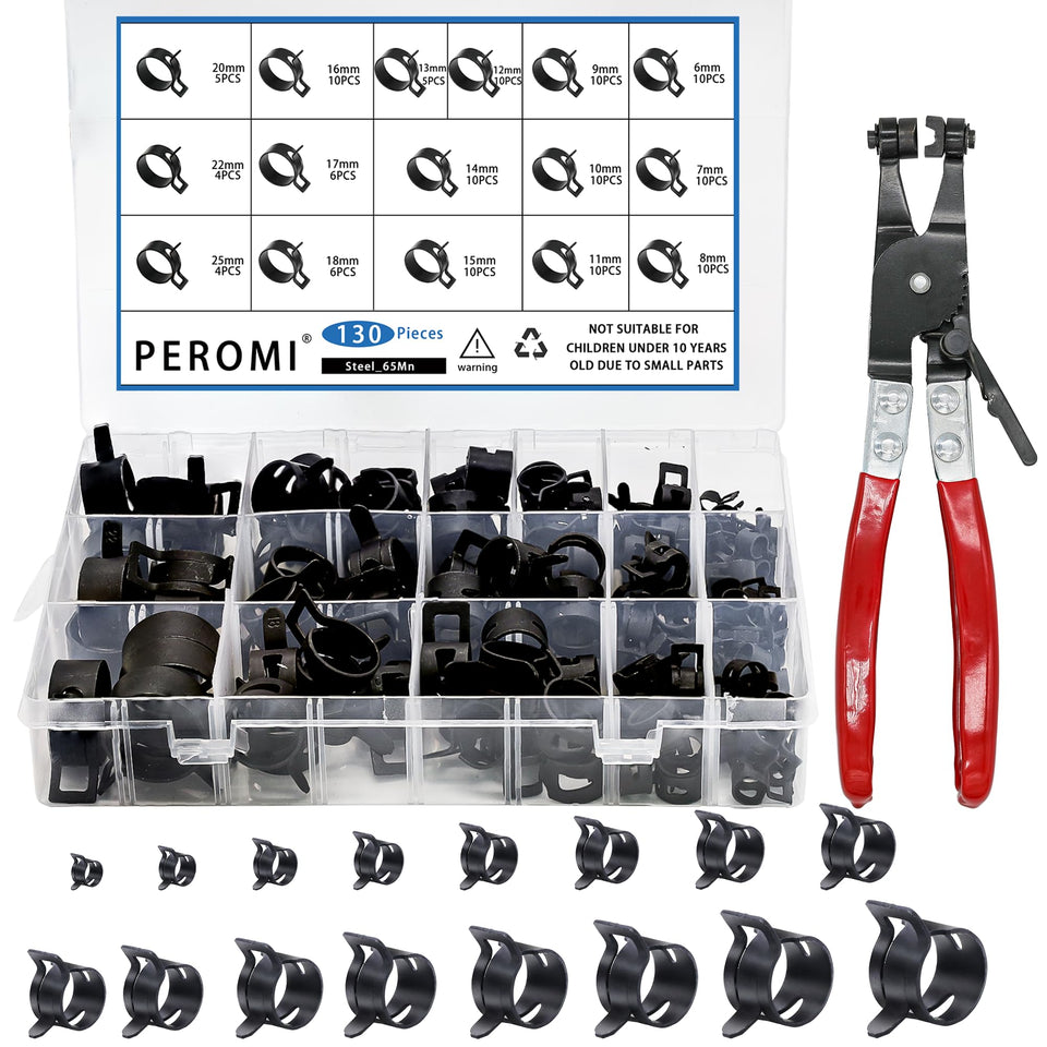 PEROMI spring band hose clamps set shows full 6–25mm range for versatile connections.