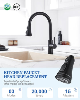 Pull-down faucet head showing three modes for flexible cleaning tasks.