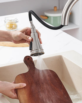 PerPaiMe pull-down faucet head image emphasizes easy retrofit on existing fixtures.