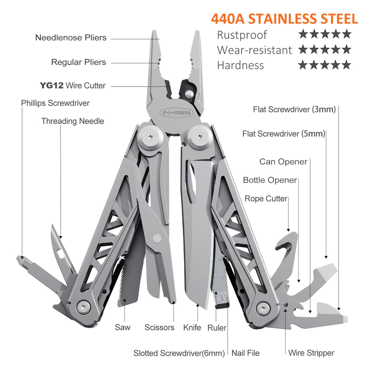 PERWIN multitool knife beside its nylon sheath for quick access