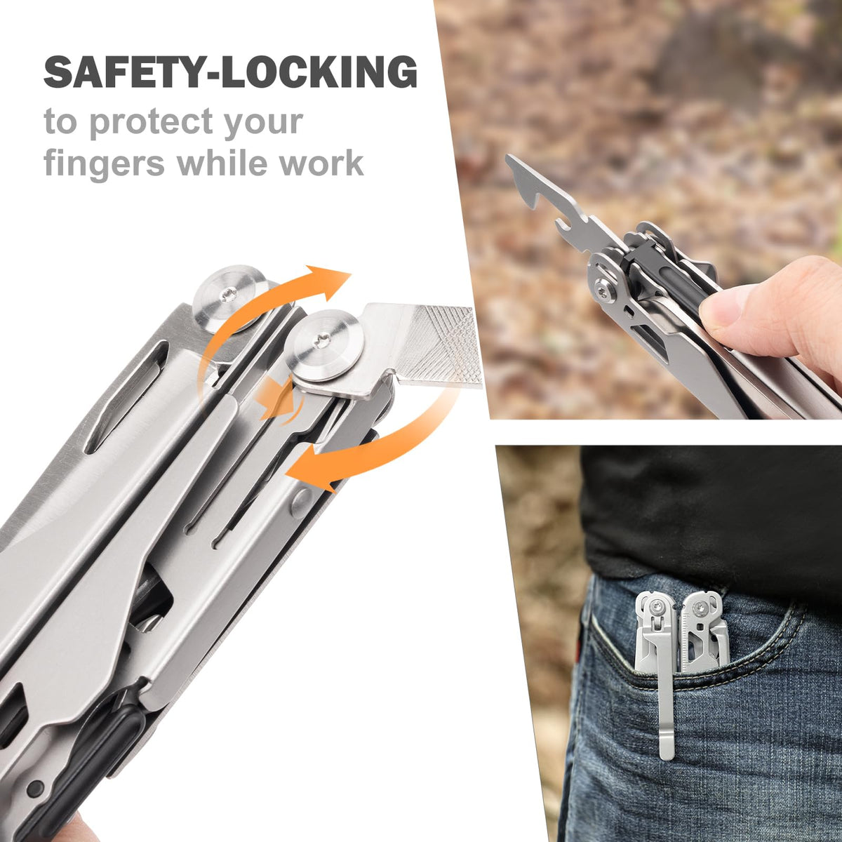 Perwin multitool safety locking keeps tools securely open during use