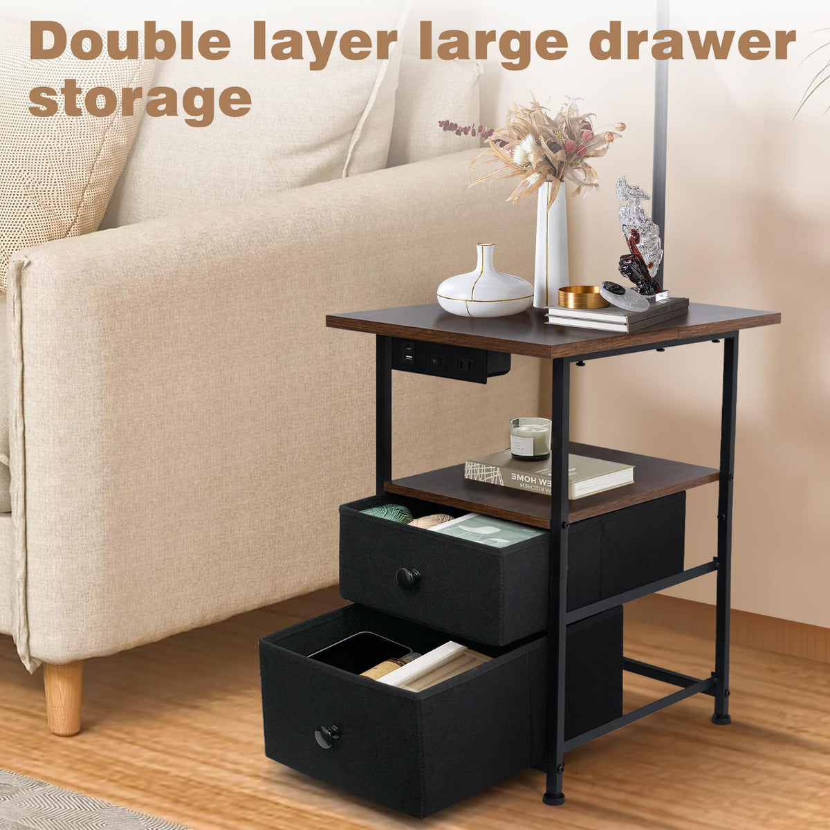 PESRAE bedside table with drawers and integrated LED lamp for organization