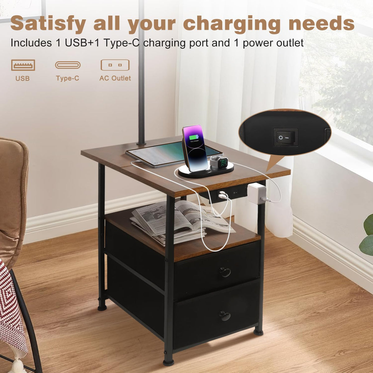 PESRAE charging station with USB Type-C and AC outlets for multiple devices