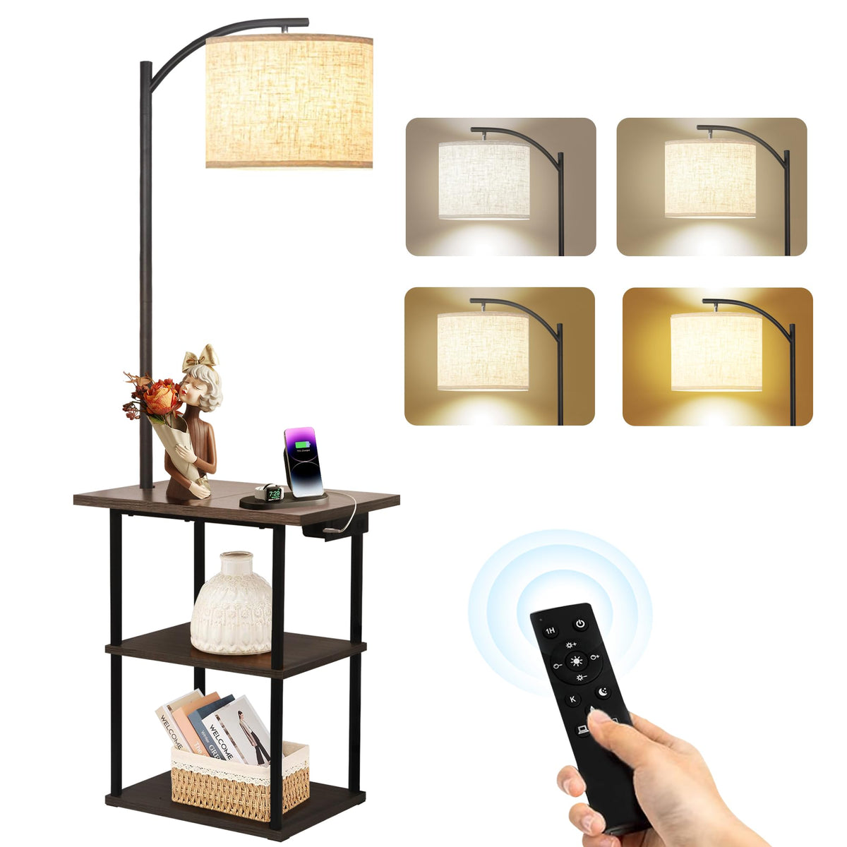 PESRAE floor lamp base with sturdy wooden frame and integrated end table storage