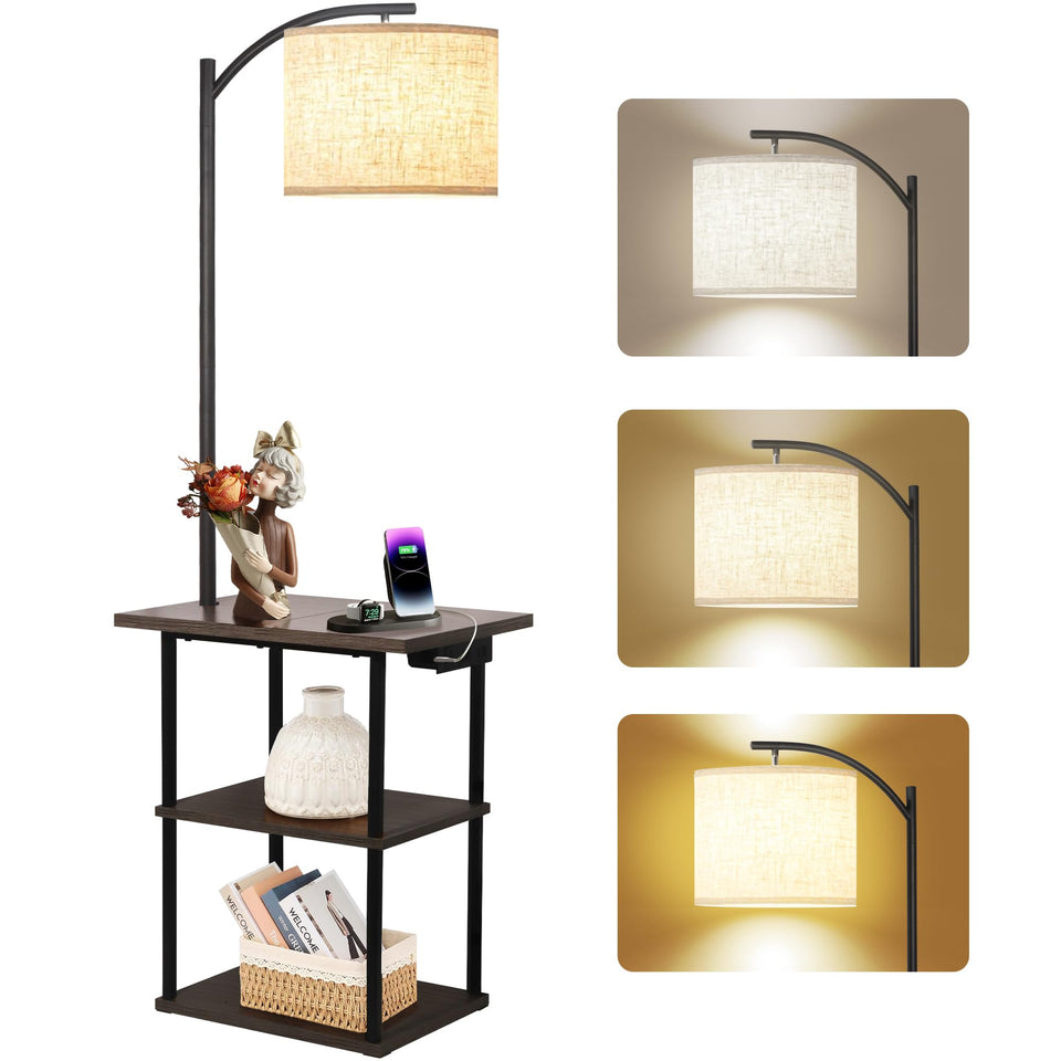 PESRAE floor lamp with table assembly view shows sturdy wood and stable base.