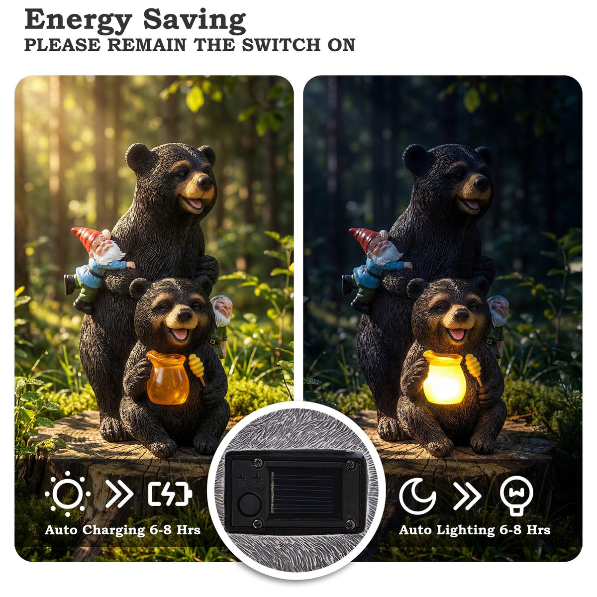 PETAFLOP solar-powered lighting for outdoor spaces on the bear statue.