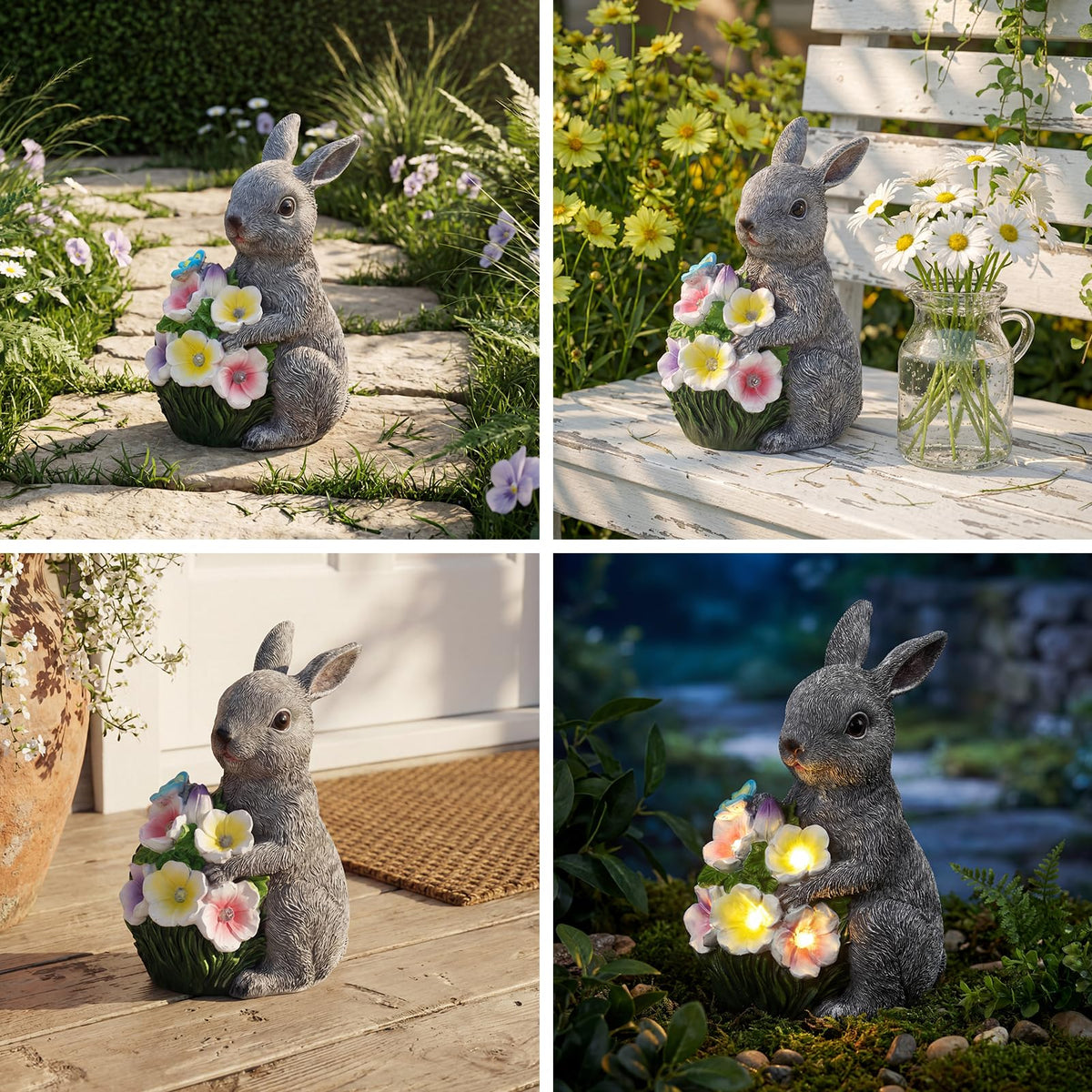 PETAFLOP garden rabbit figurine guides foot traffic along pathways.