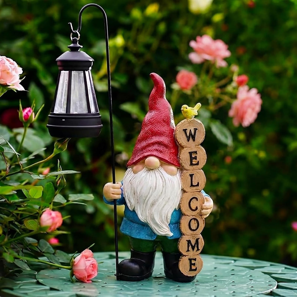 PETAFLOP solar garden gnome with welcome lantern illuminates pathways and yards.