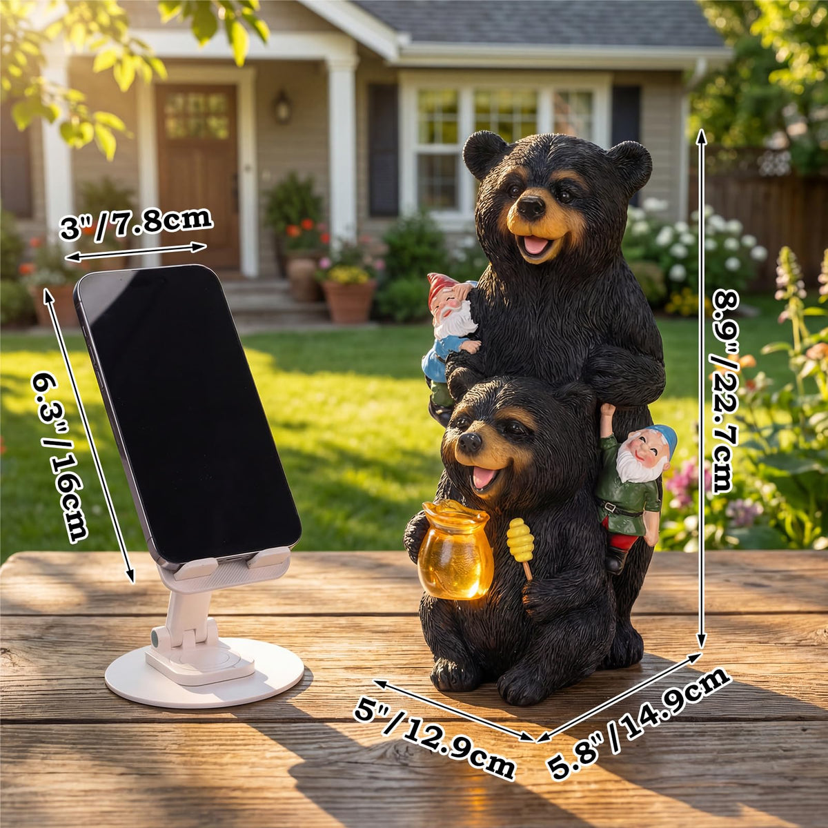 PETAFLOP gnomes-on-bear-back statue adds whimsy to patio or garden.