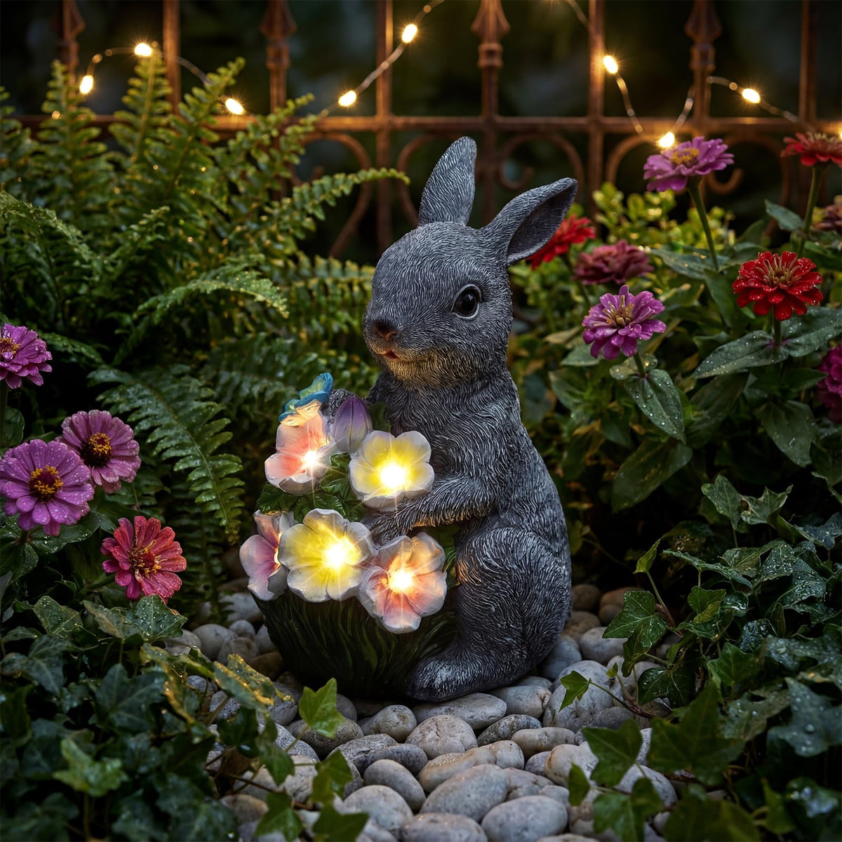 PETAFLOP solar rabbit bouquet glow illuminates garden paths at dusk.