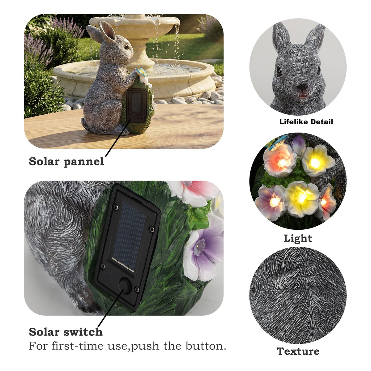 PETAFLOP weather-resistant rabbit statue withstands rain, sun, and frost.