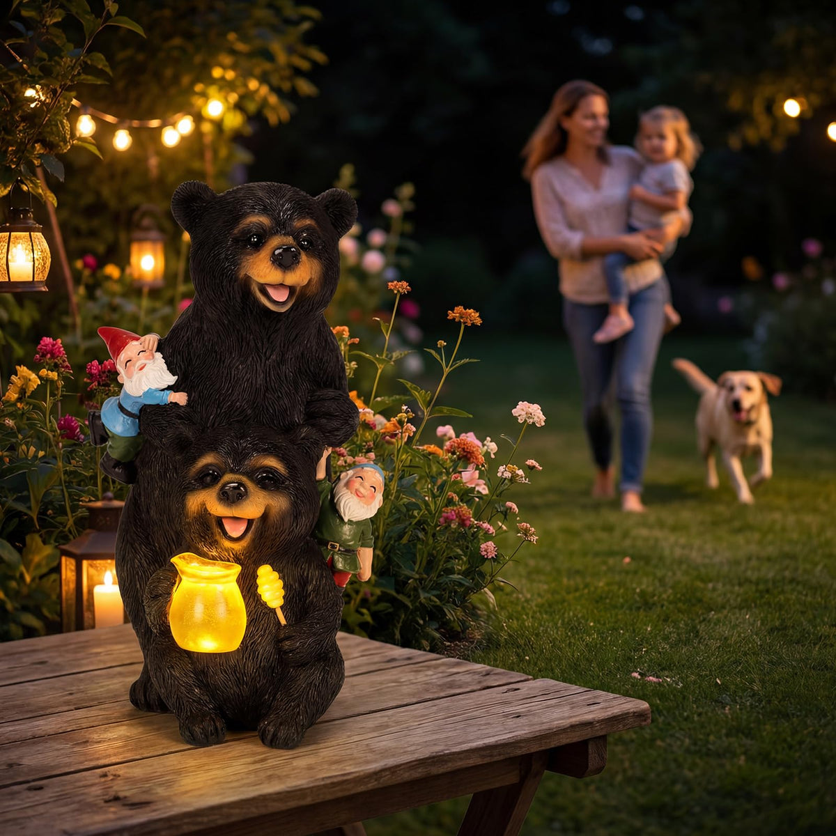 PETAFLOP garden decor brightens yard, balcony, and patio after dark.