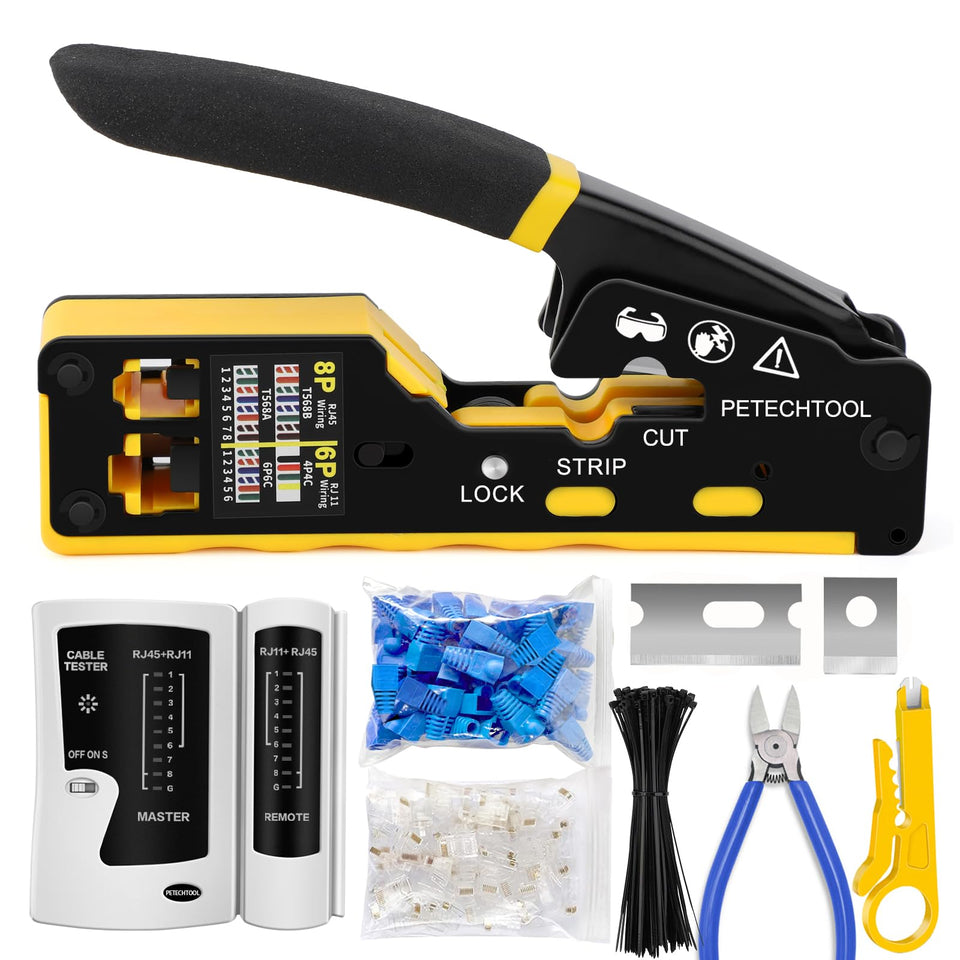 PETECHTOOL RJ45 crimp tool pass-through in action for clean terminations.