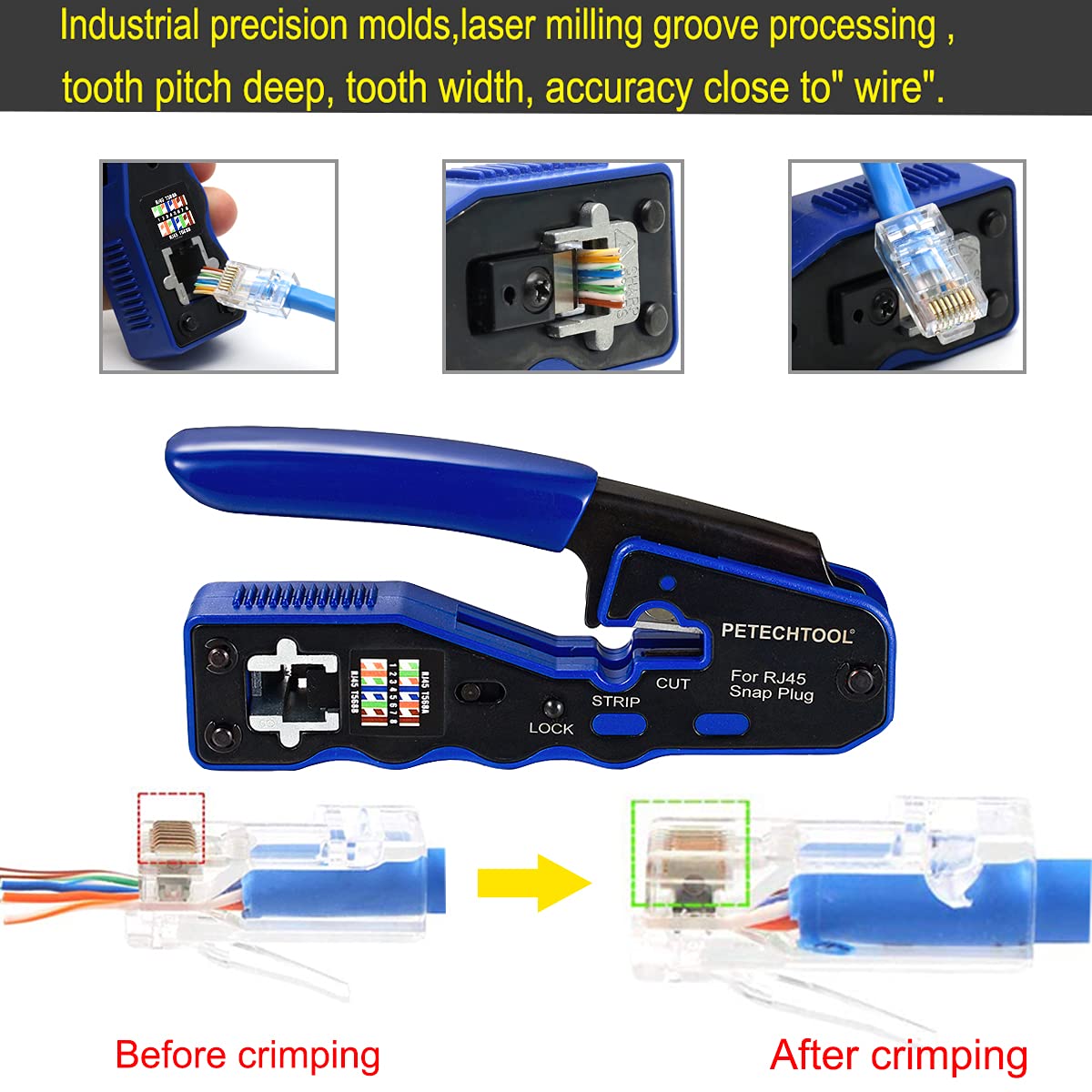 PETECHTOOL pass-through connectors kit with ten Cat6 pieces for easy terminations.
