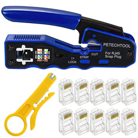 PETECHTOOL RJ45 crimp tool front view for quick pass-through terminations.