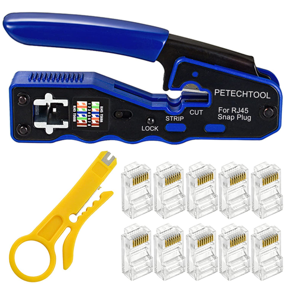 PETECHTOOL RJ45 crimp tool front view for quick pass-through terminations.